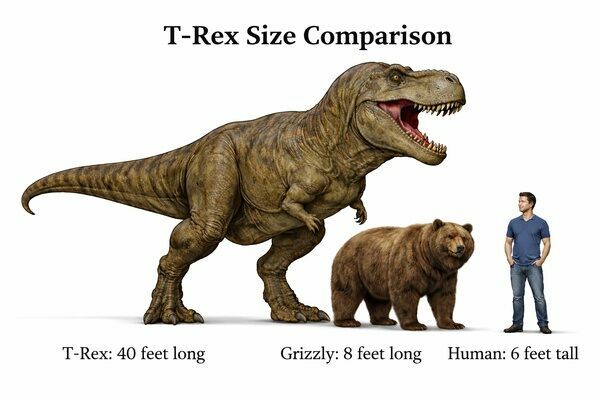 T-Rex size compared to a grizzly bear and human.